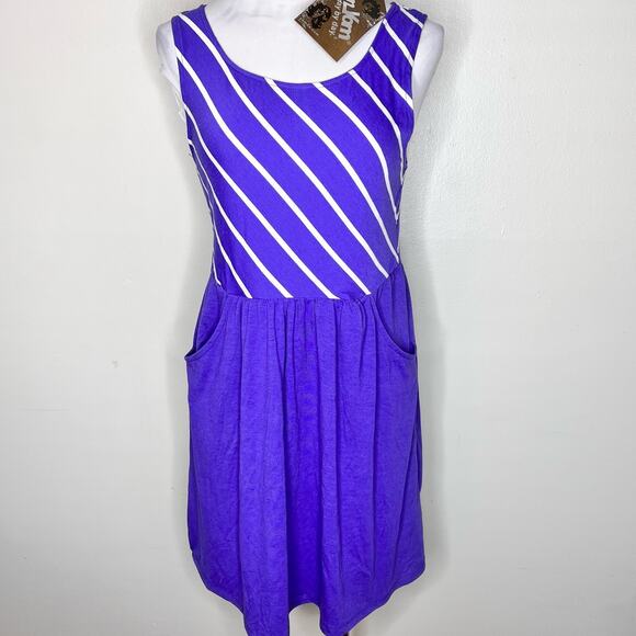 NWT Yom Yom Dress w Pockets XL Purple Striped Casual Button Back Keyhole Cotton - Picture 1 of 8